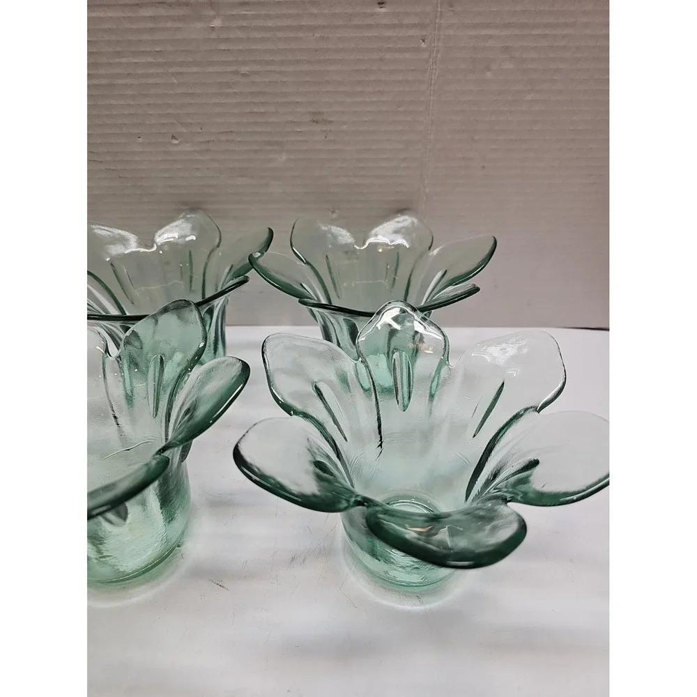 VTG Green Blown Glass Tulip Petal Shaped Vase Votive Heavy (6)